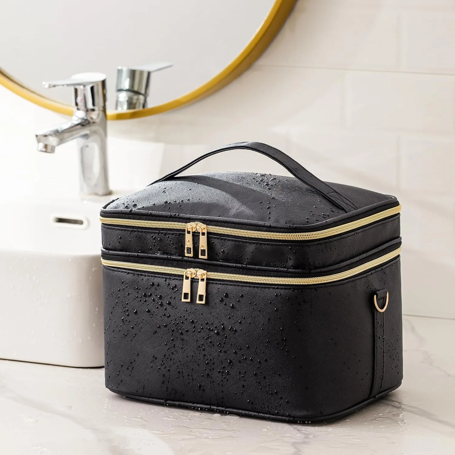 HBlife Extra Large Double Layer Travel Makeup Bag Portable Leather Cosmetic Bag Make Up Bag Makeup Case Organizer Toiletry Bag for Women Girls with Handle, Removable Divider and Shoulder Strap (Black)