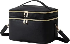 HBlife Extra Large Double Layer Travel Makeup Bag Portable Leather Cosmetic Bag Make Up Bag Makeup Case Organizer Toiletry Bag for Women Girls with Handle, Removable Divider and Shoulder Strap (Black)