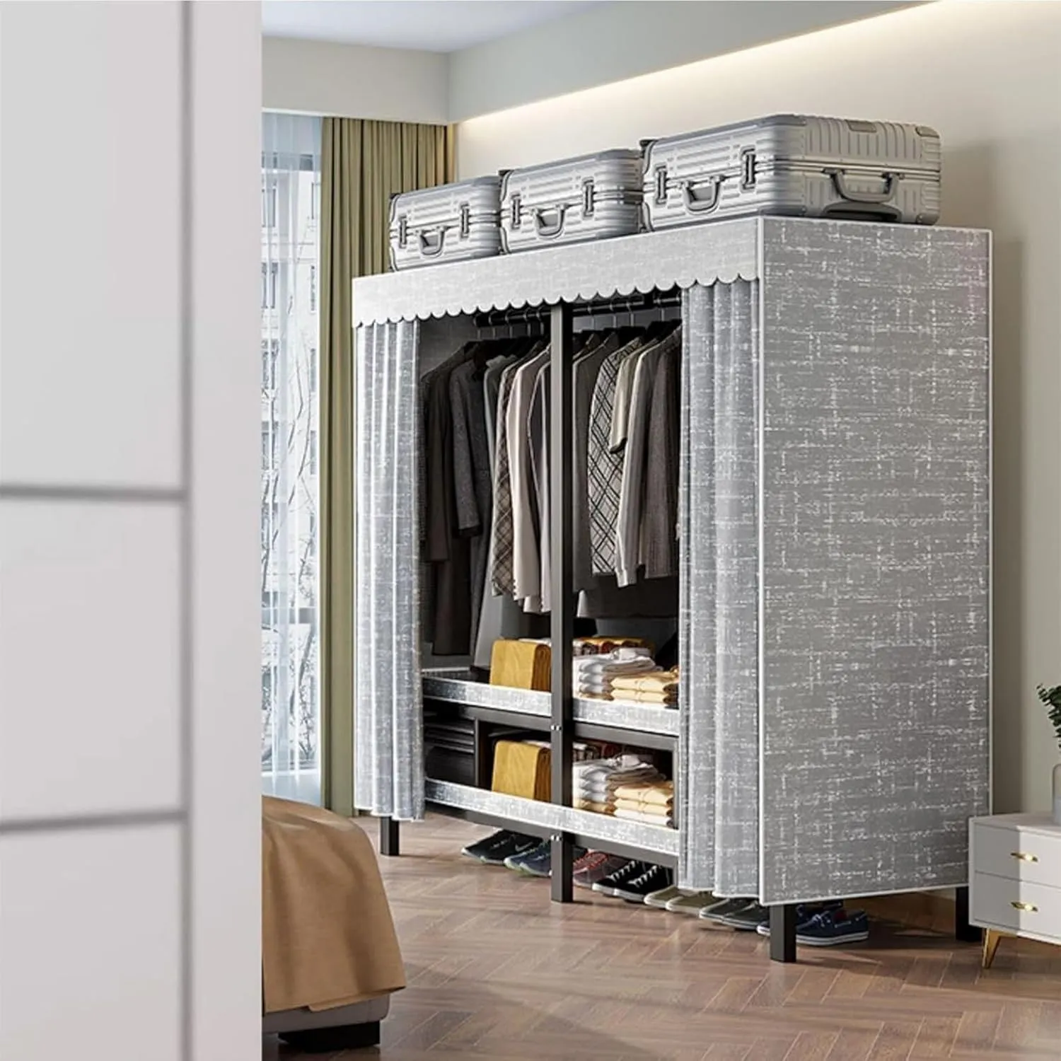 Heavy Duty Rolling Garment Rack With Cover, Portable Folding Canvas Wardrobe Closet, Metal Mobile Closet Rack, Wardrobe Clothing Coat Storage Rack With Wheels, For Hanging Clothes(49.2in(wheel))
