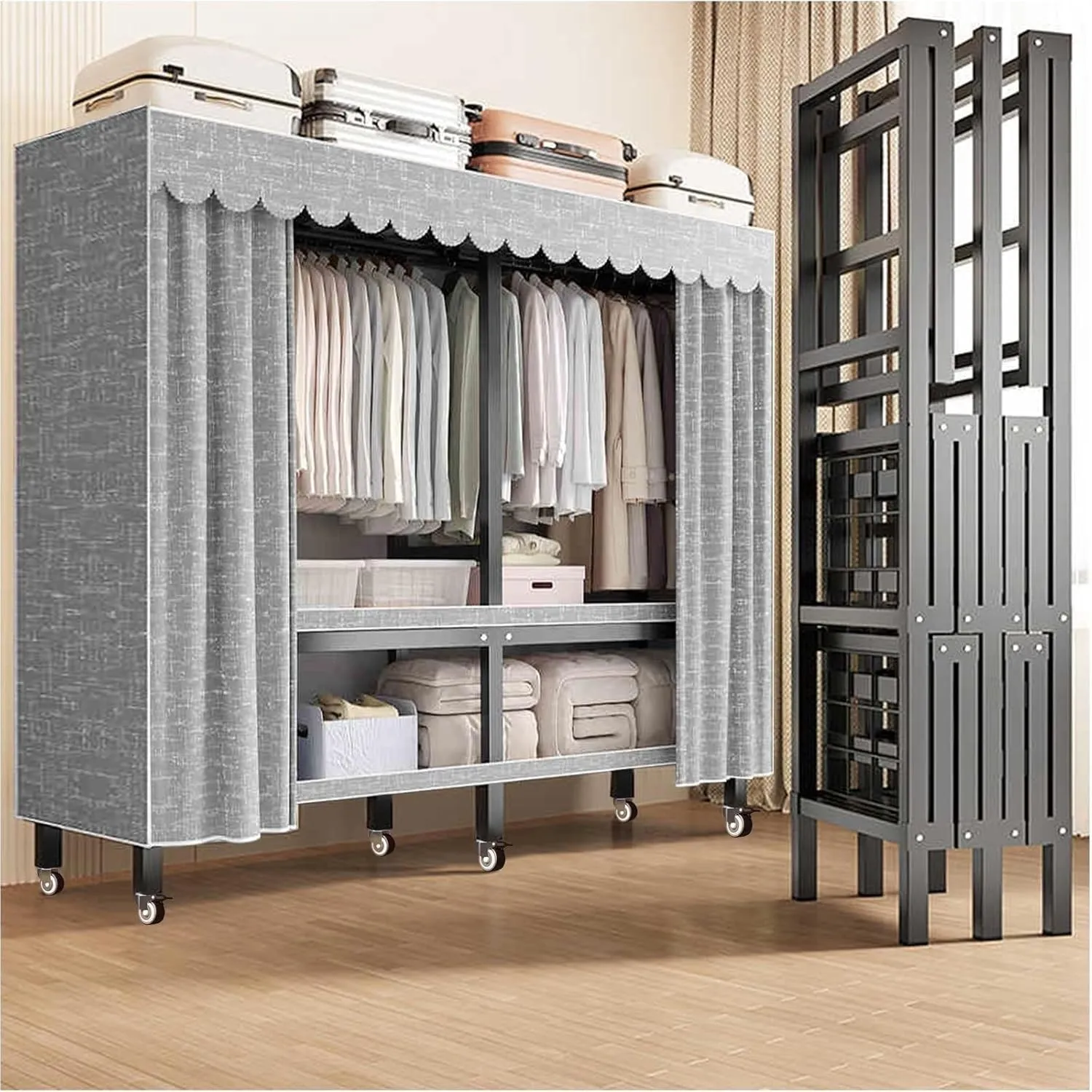 Heavy Duty Rolling Garment Rack With Cover, Portable Folding Canvas Wardrobe Closet, Metal Mobile Closet Rack, Wardrobe Clothing Coat Storage Rack With Wheels, For Hanging Clothes(49.2in(wheel))