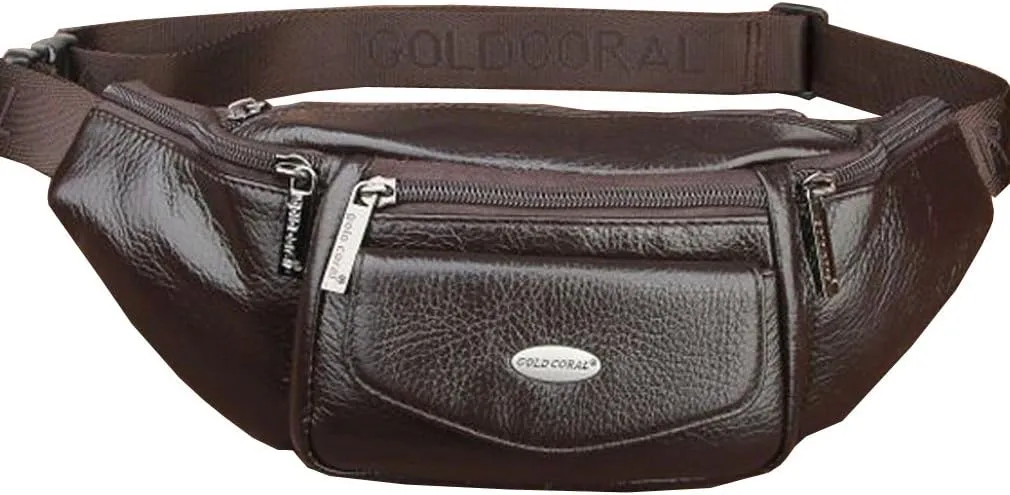Hebetag Leather Fanny Pack Waist Bag for Men Women Slim Bumbag Waist Packs Outdoor Travel Hiking Casual Pouch Day Pack, Coffee