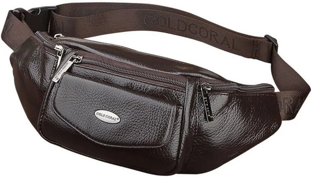 Hebetag Leather Fanny Pack Waist Bag for Men Women Slim Bumbag Waist Packs Outdoor Travel Hiking Casual Pouch Day Pack, Coffee