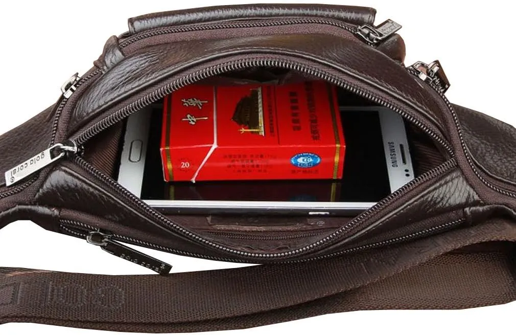 Hebetag Leather Fanny Pack Waist Bag for Men Women Slim Bumbag Waist Packs Outdoor Travel Hiking Casual Pouch Day Pack, Coffee