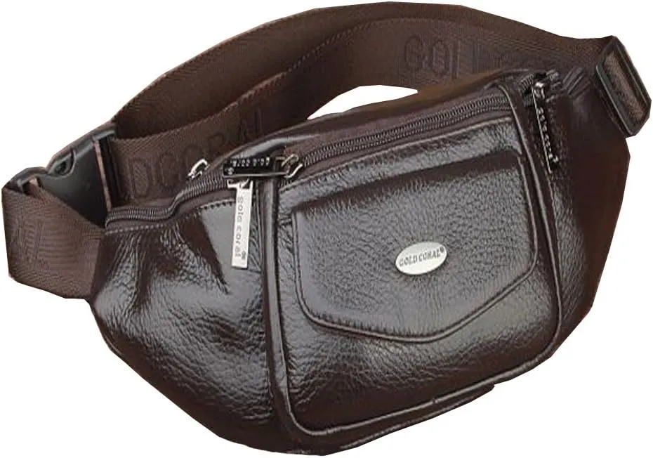 Hebetag Leather Fanny Pack Waist Bag for Men Women Slim Bumbag Waist Packs Outdoor Travel Hiking Casual Pouch Day Pack, Coffee