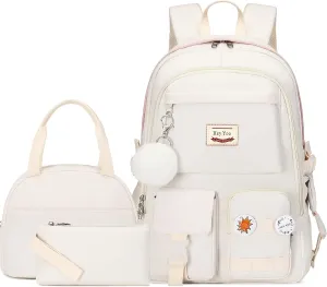 Hey Yoo School Backpack for Girls Backpack with Lunch Box Teen Girl Backpack Set Cute School Bag Bookbag for Teen Girls (White)