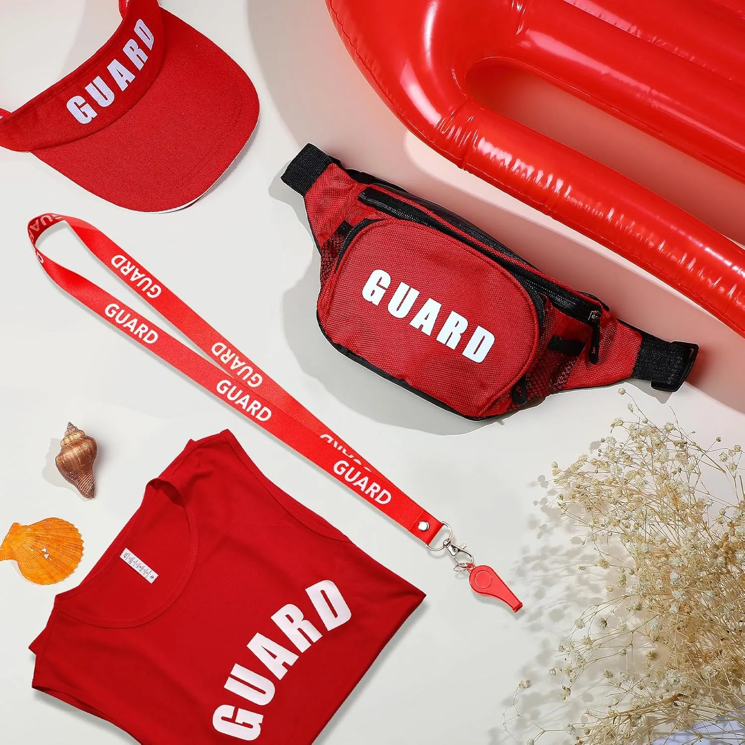 Hiboom 5 Pcs Halloween Guard Costume Set Inflatable Surfboard Guard Hat Red Fanny Pack Uniform Vests Whistles