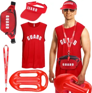 Hiboom 5 Pcs Halloween Guard Costume Set Inflatable Surfboard Guard Hat Red Fanny Pack Uniform Vests Whistles