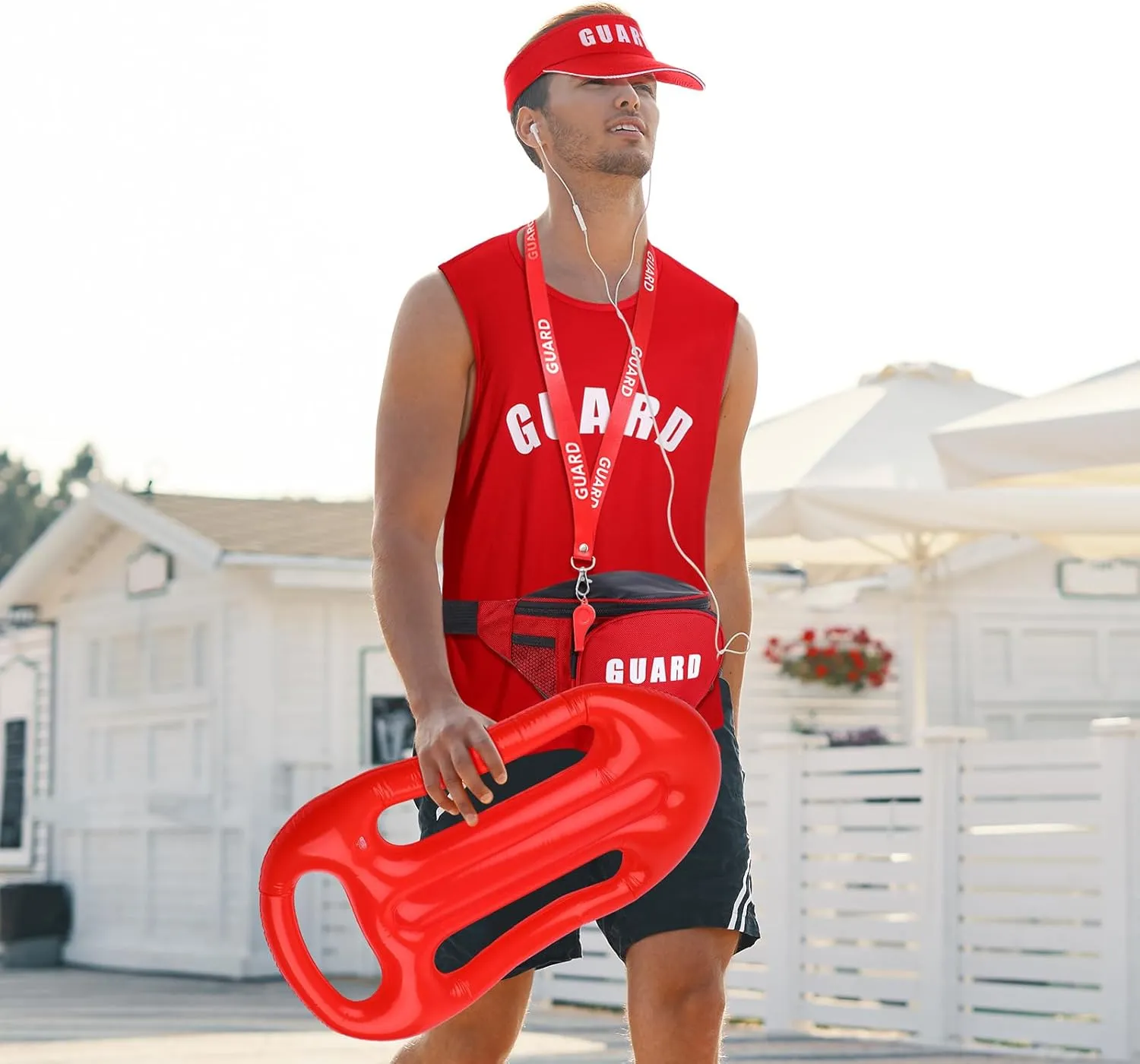 Hiboom 5 Pcs Halloween Guard Costume Set Inflatable Surfboard Guard Hat Red Fanny Pack Uniform Vests Whistles