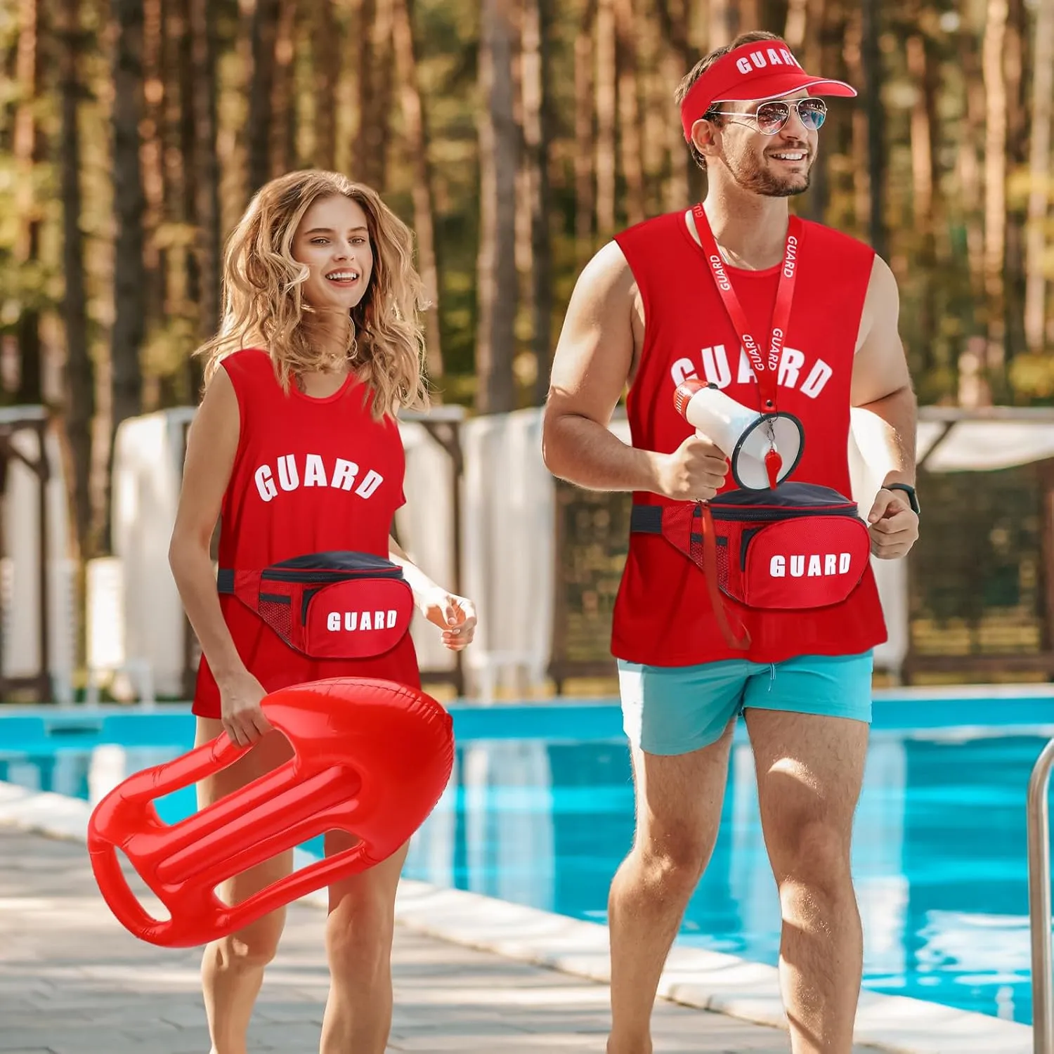 Hiboom 5 Pcs Halloween Guard Costume Set Inflatable Surfboard Guard Hat Red Fanny Pack Uniform Vests Whistles