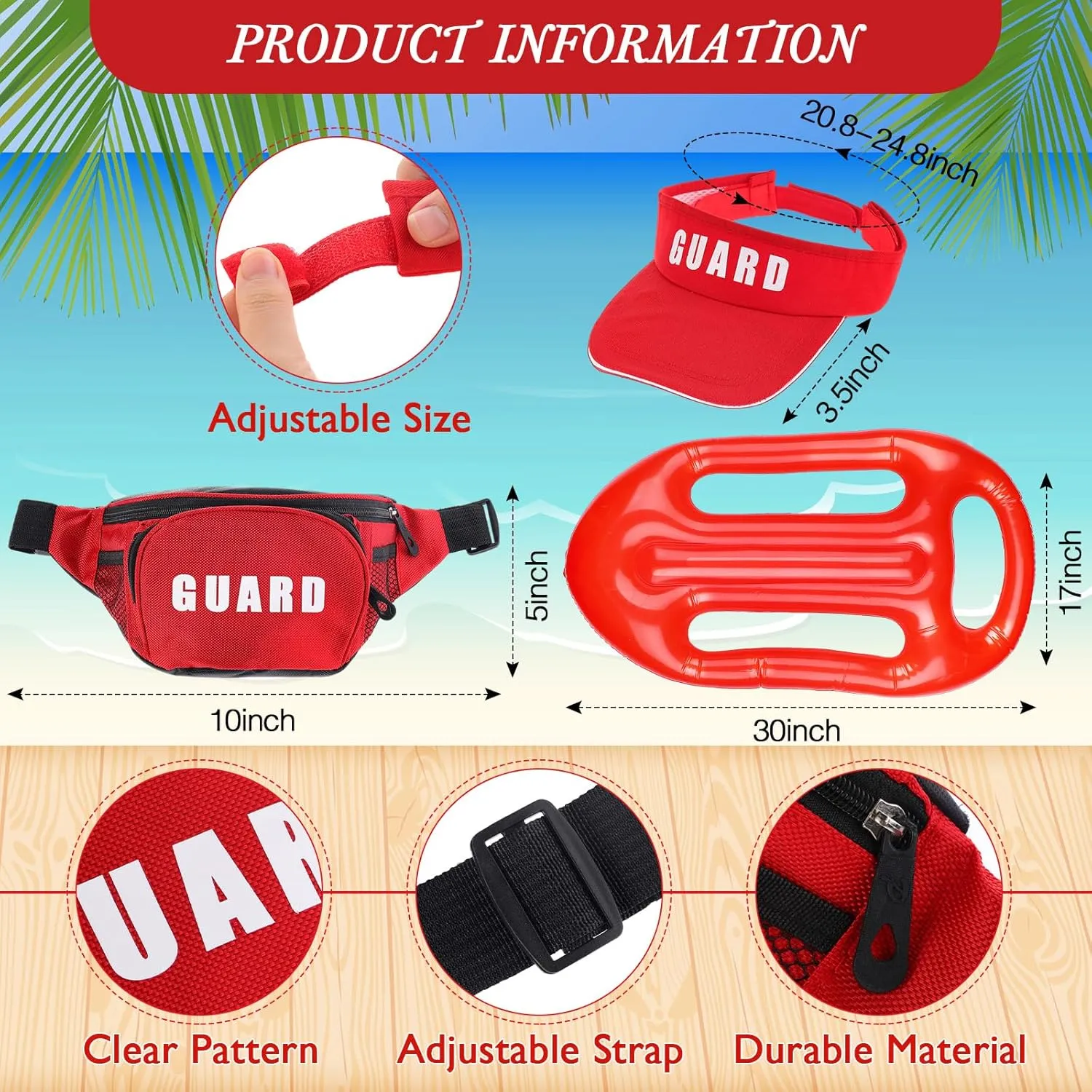 Hiboom 5 Pcs Halloween Guard Costume Set Inflatable Surfboard Guard Hat Red Fanny Pack Uniform Vests Whistles