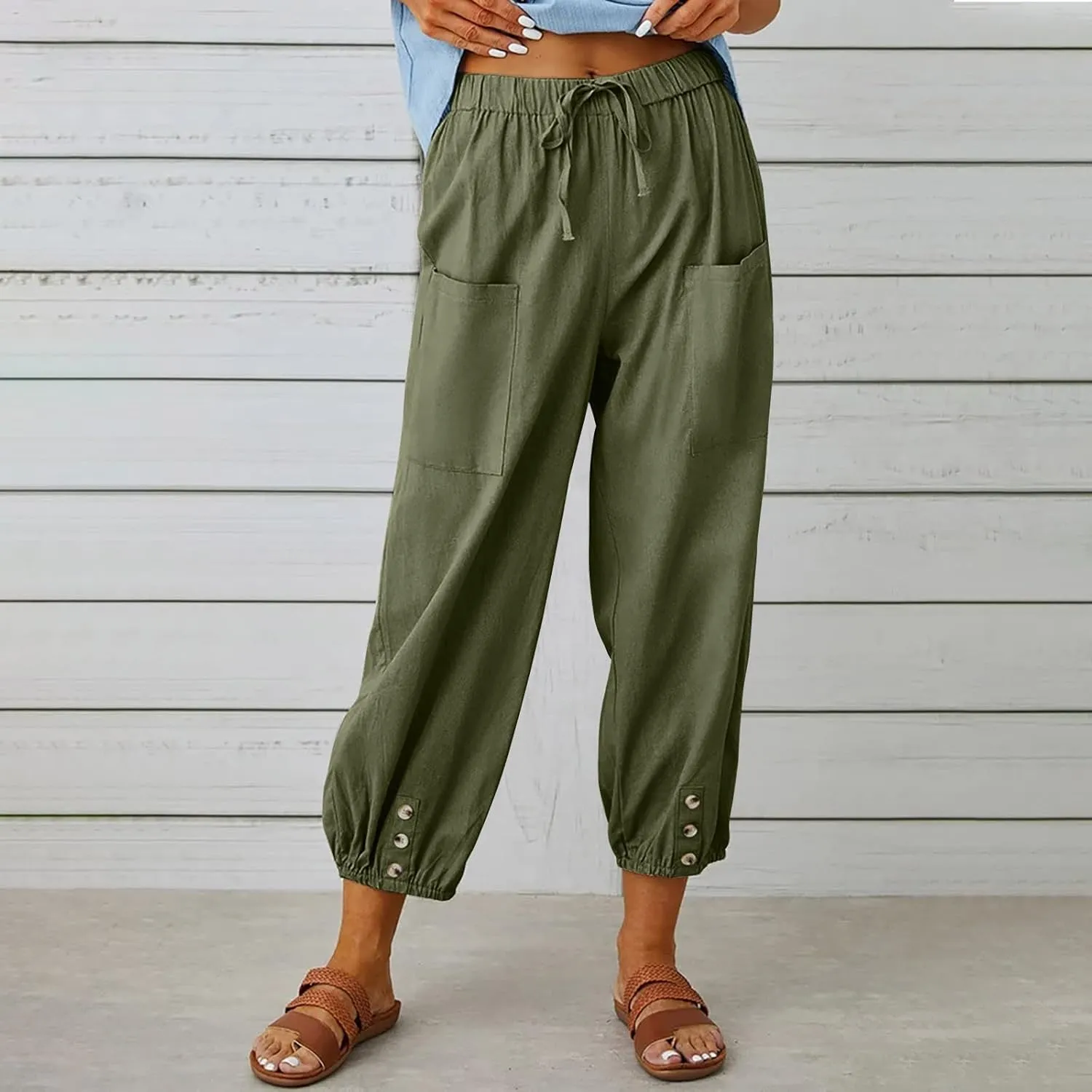 High Waist Cotton Linen Pants for Women Casual Summer Drawstring Lounge Pants Loose Cropped Trousers with Pockets