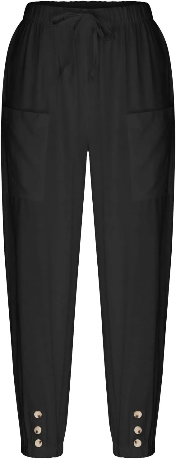 High Waist Cotton Linen Pants for Women Casual Summer Drawstring Lounge Pants Loose Cropped Trousers with Pockets