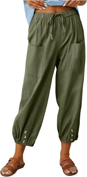 High Waist Cotton Linen Pants for Women Casual Summer Drawstring Lounge Pants Loose Cropped Trousers with Pockets