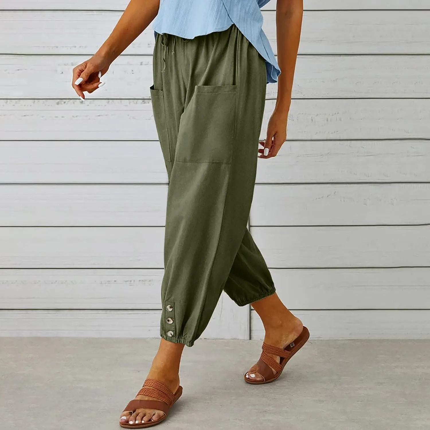 High Waist Cotton Linen Pants for Women Casual Summer Drawstring Lounge Pants Loose Cropped Trousers with Pockets