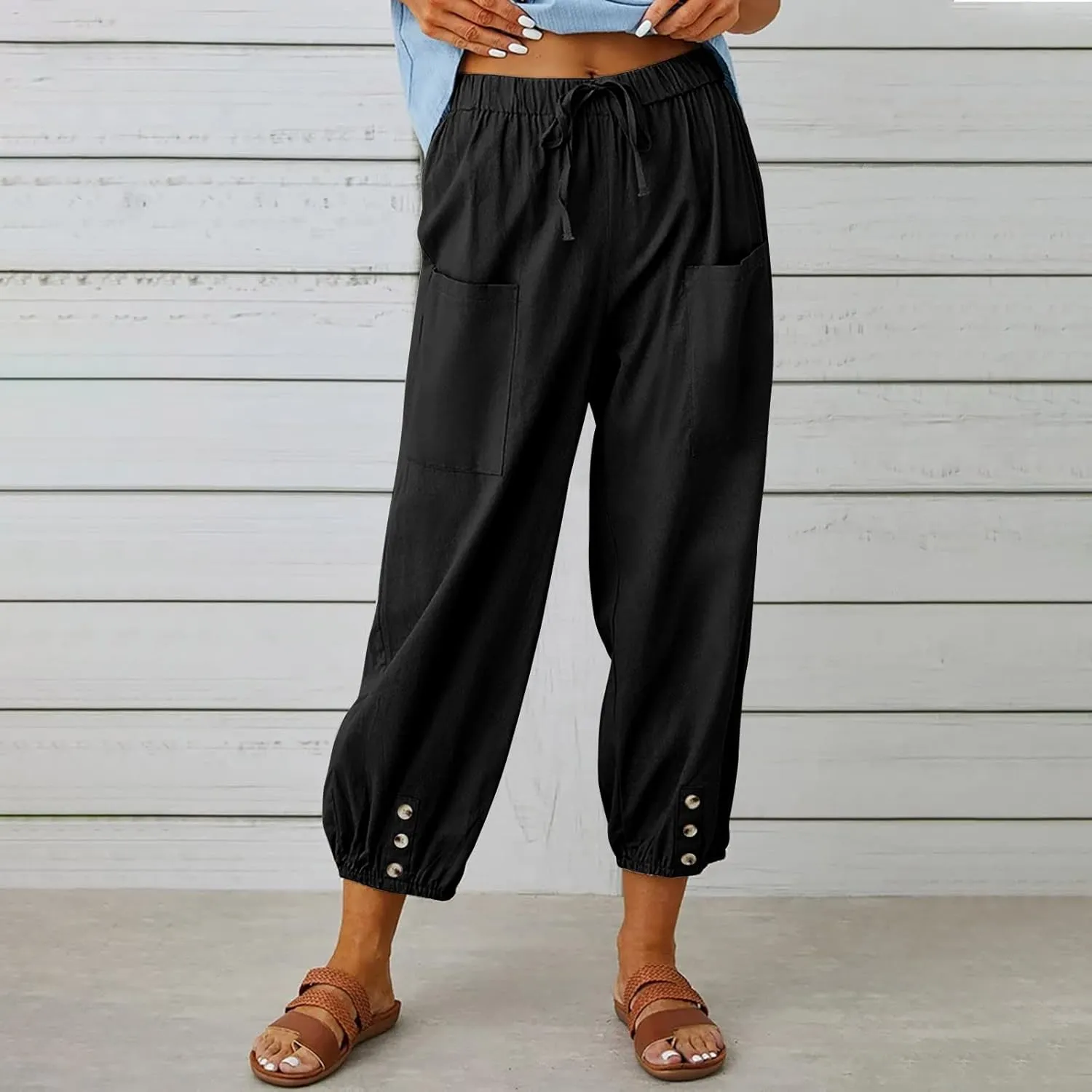High Waist Cotton Linen Pants for Women Casual Summer Drawstring Lounge Pants Loose Cropped Trousers with Pockets