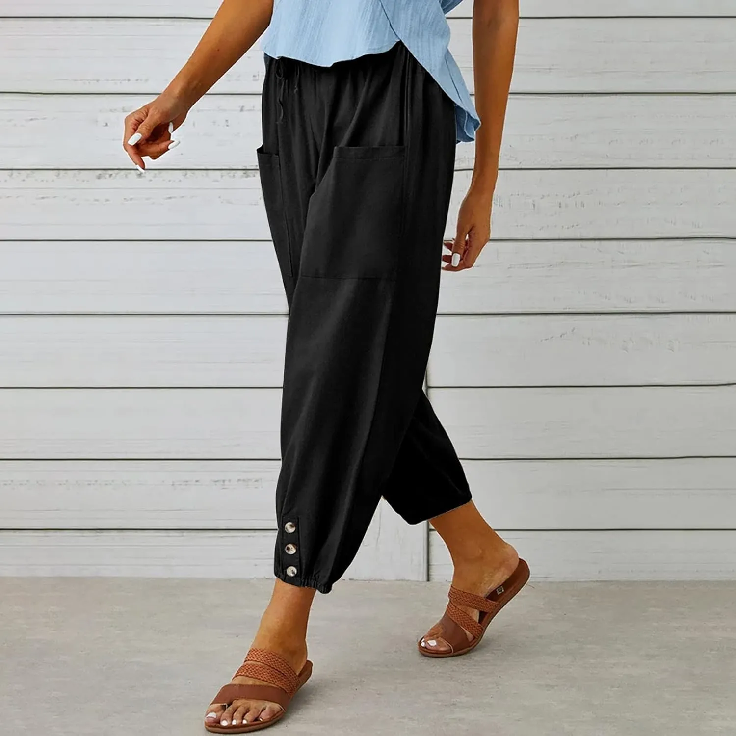High Waist Cotton Linen Pants for Women Casual Summer Drawstring Lounge Pants Loose Cropped Trousers with Pockets