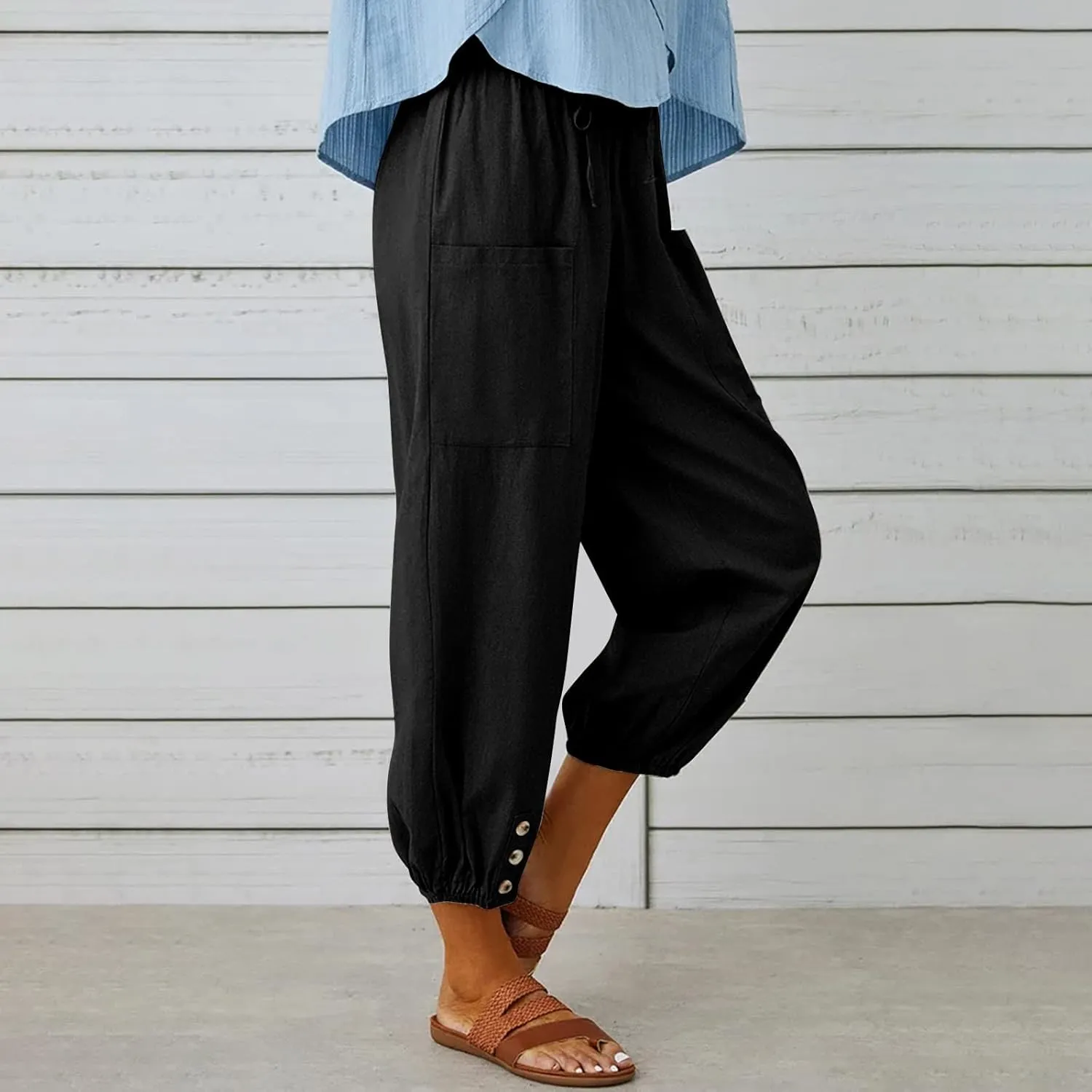 High Waist Cotton Linen Pants for Women Casual Summer Drawstring Lounge Pants Loose Cropped Trousers with Pockets