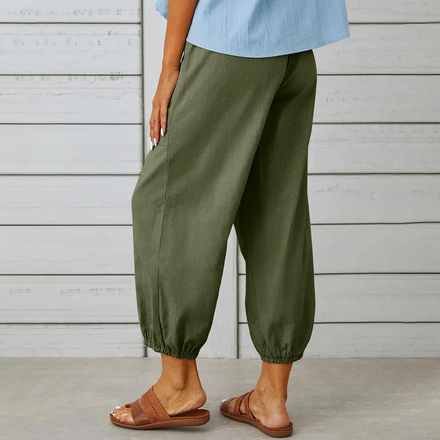 High Waist Cotton Linen Pants for Women Casual Summer Drawstring Lounge Pants Loose Cropped Trousers with Pockets
