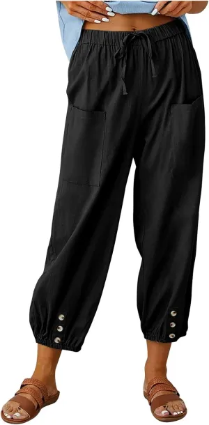 High Waist Cotton Linen Pants for Women Casual Summer Drawstring Lounge Pants Loose Cropped Trousers with Pockets