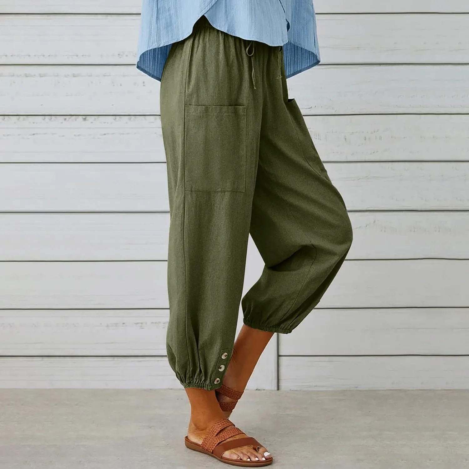 High Waist Cotton Linen Pants for Women Casual Summer Drawstring Lounge Pants Loose Cropped Trousers with Pockets