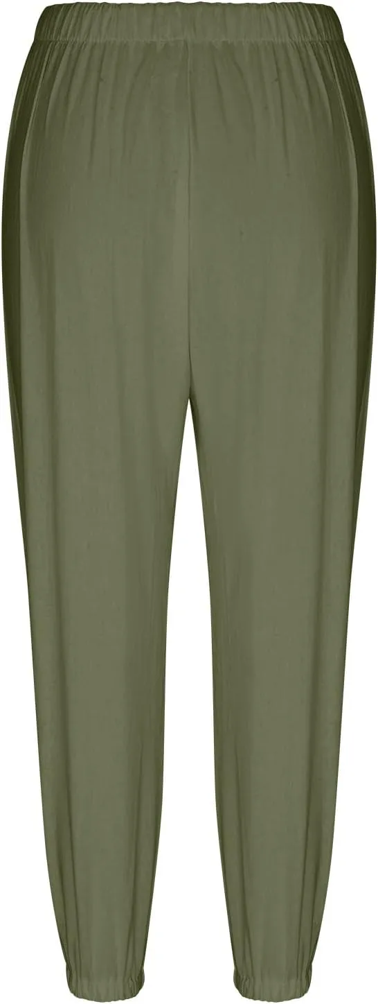 High Waist Cotton Linen Pants for Women Casual Summer Drawstring Lounge Pants Loose Cropped Trousers with Pockets