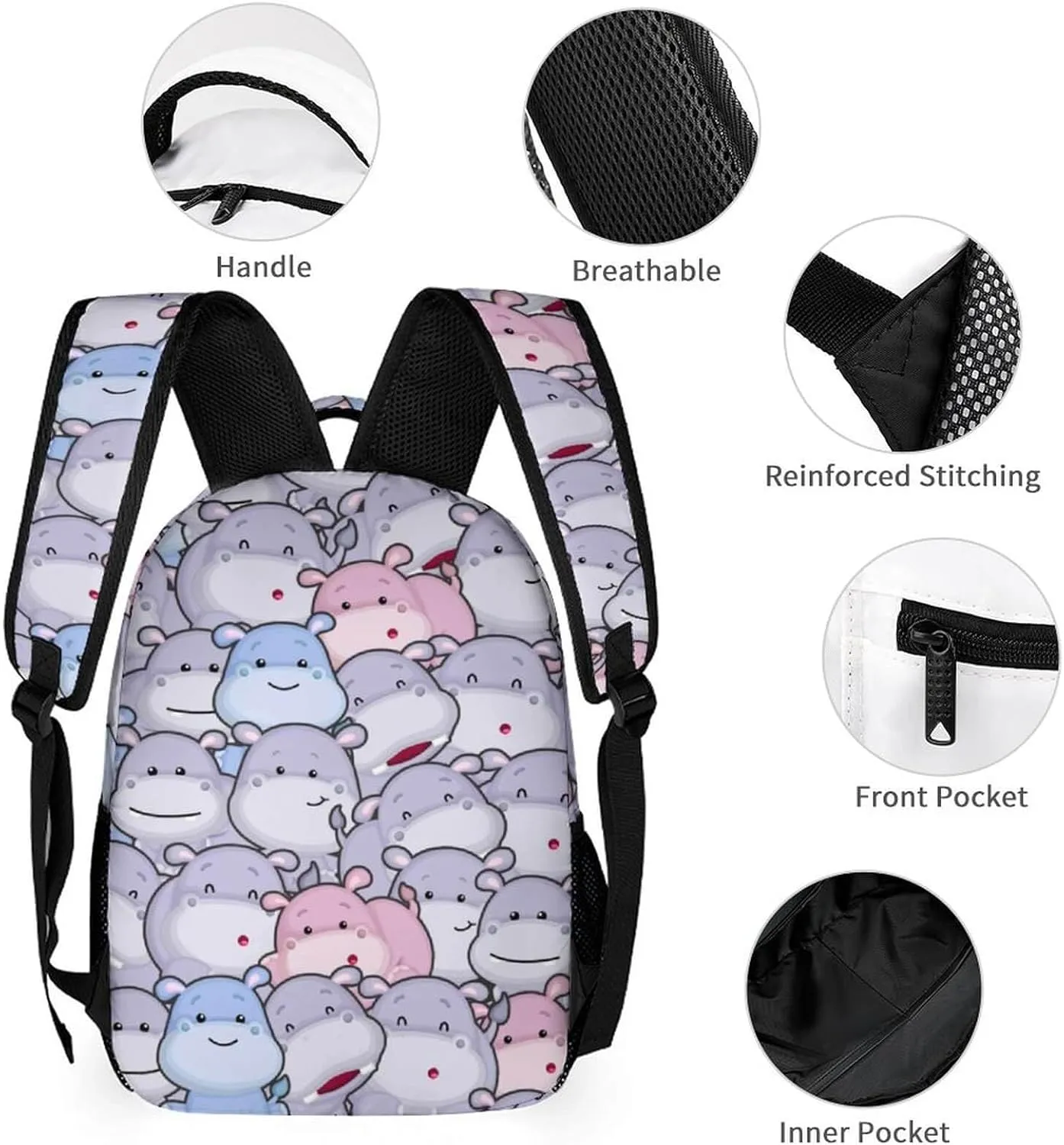 Hippo School Backpack for Kids Girls Boys, 16 Inch Cute Hippos Themed Bookbag, Personalized School Backpack for Students Children, Lightweight, Large Capacity