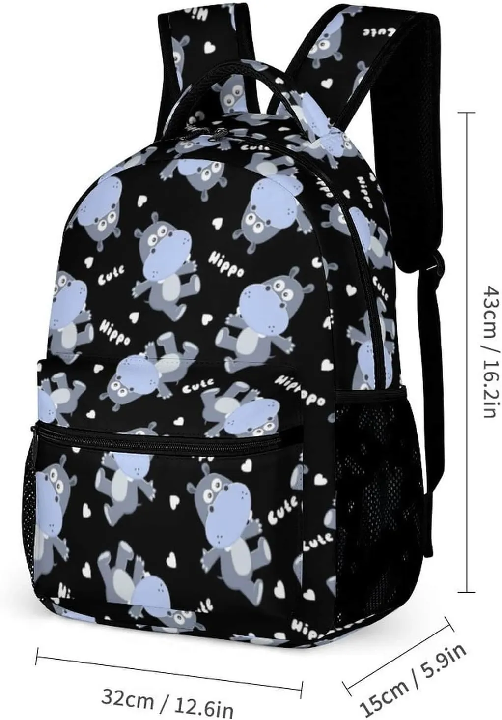 Hippo School Backpack for Kids Girls Boys, 16 Inch Cute Hippos Themed Bookbag, Personalized School Backpack for Students Children, Lightweight, Large Capacity