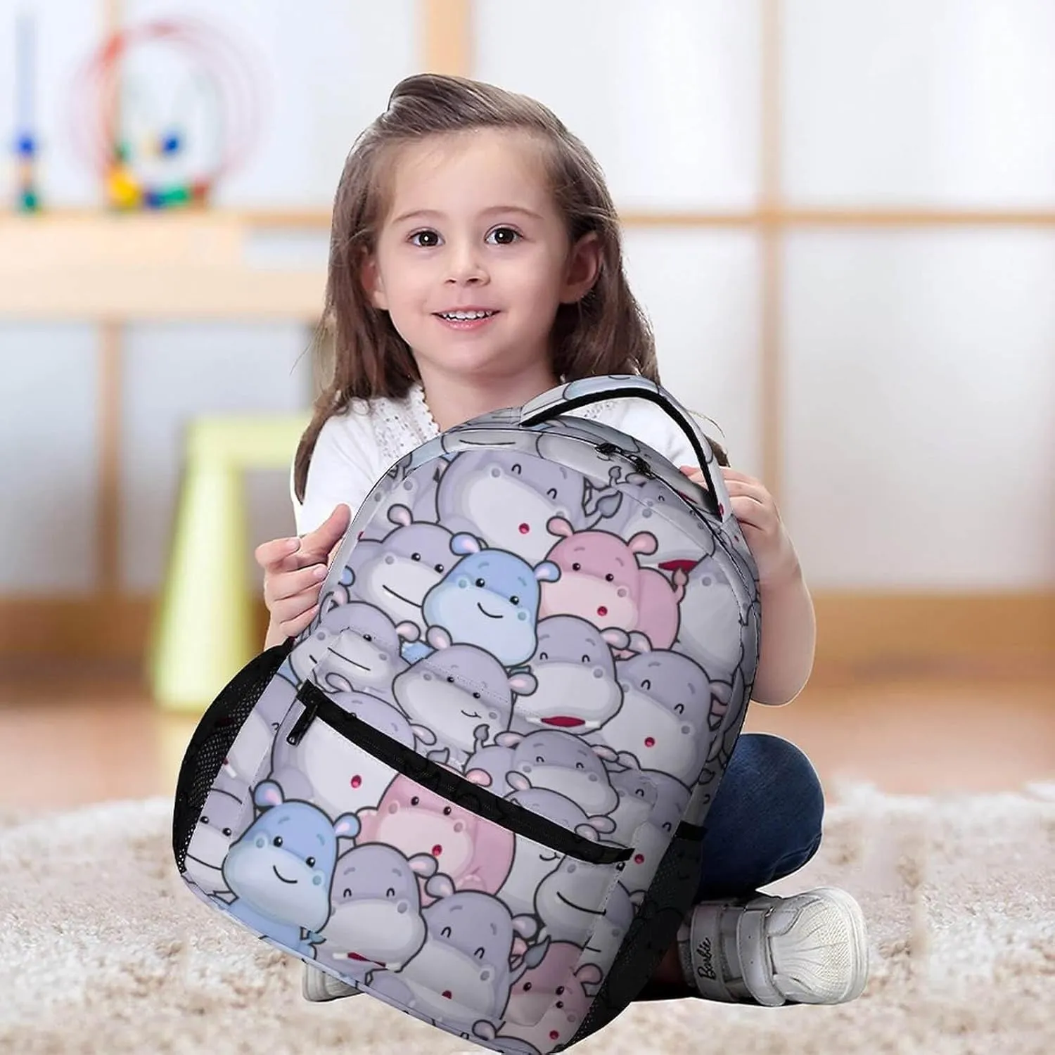 Hippo School Backpack for Kids Girls Boys, 16 Inch Cute Hippos Themed Bookbag, Personalized School Backpack for Students Children, Lightweight, Large Capacity