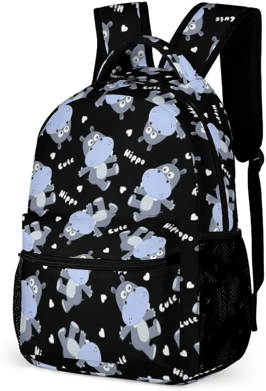 Hippo School Backpack for Kids Girls Boys, 16 Inch Cute Hippos Themed Bookbag, Personalized School Backpack for Students Children, Lightweight, Large Capacity