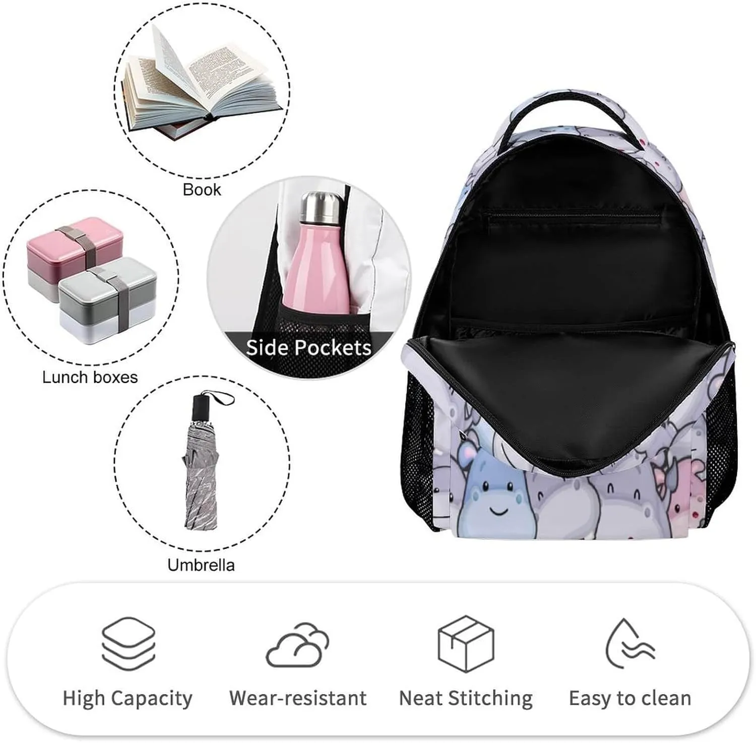 Hippo School Backpack for Kids Girls Boys, 16 Inch Cute Hippos Themed Bookbag, Personalized School Backpack for Students Children, Lightweight, Large Capacity