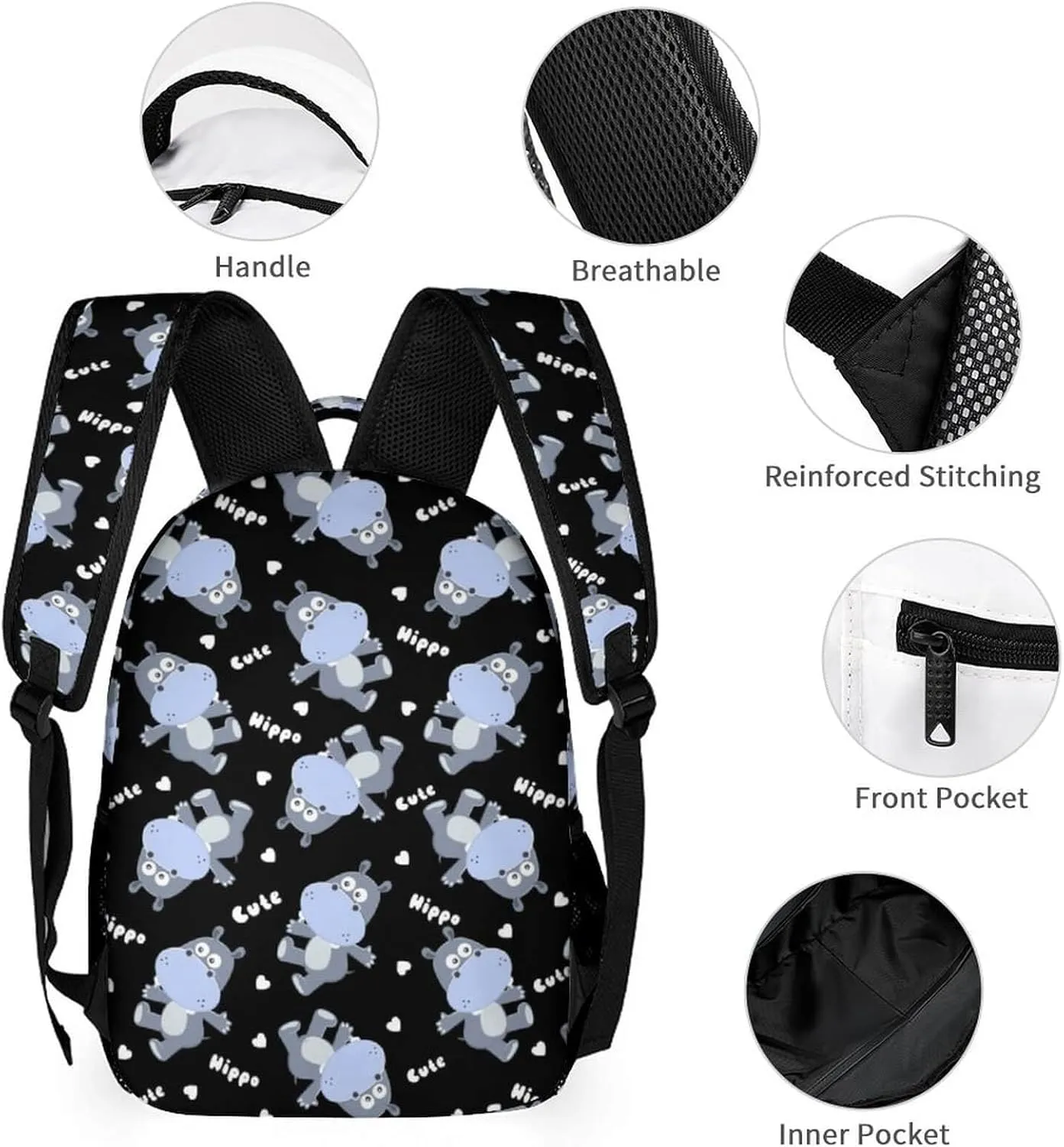 Hippo School Backpack for Kids Girls Boys, 16 Inch Cute Hippos Themed Bookbag, Personalized School Backpack for Students Children, Lightweight, Large Capacity