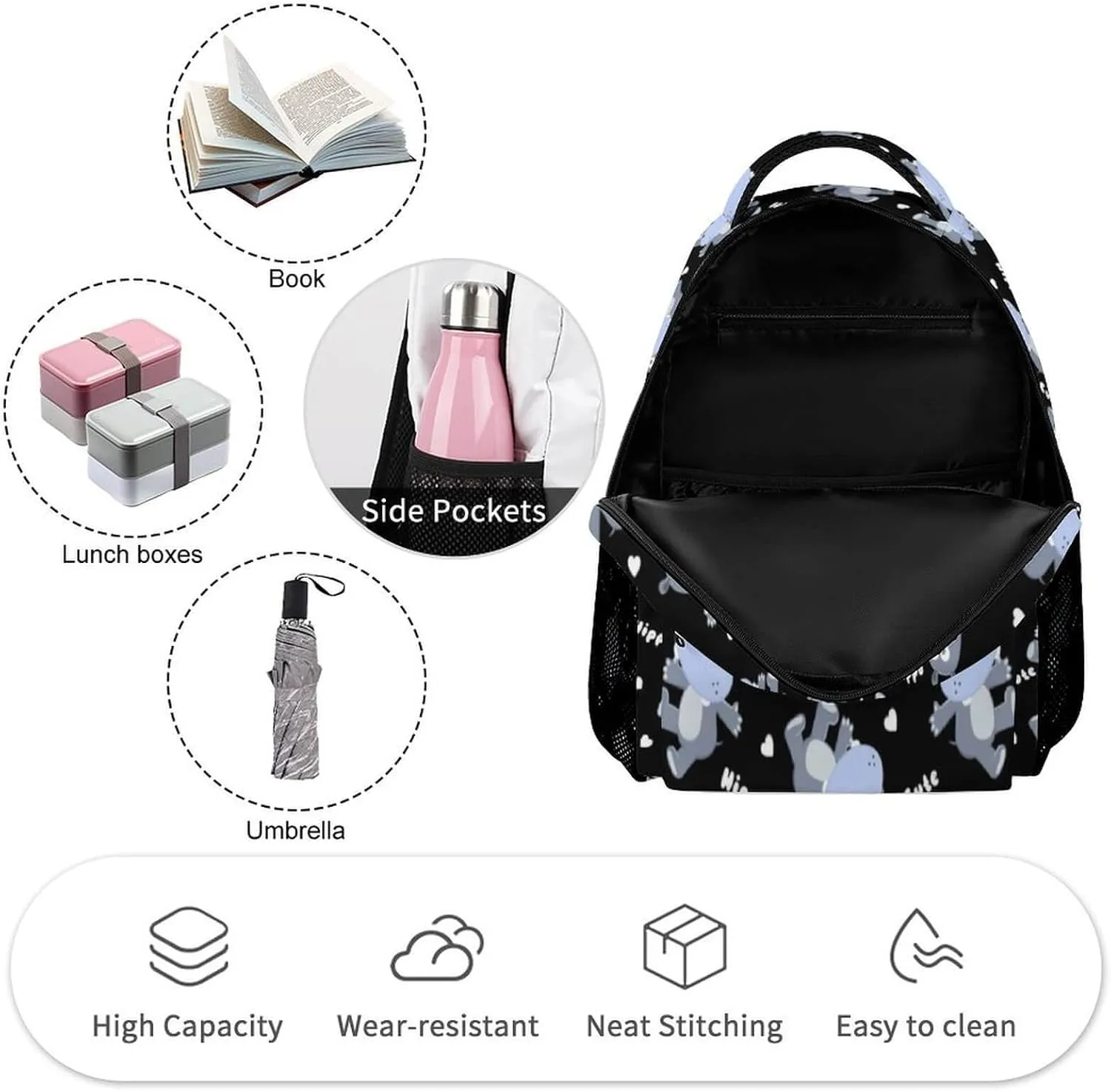 Hippo School Backpack for Kids Girls Boys, 16 Inch Cute Hippos Themed Bookbag, Personalized School Backpack for Students Children, Lightweight, Large Capacity