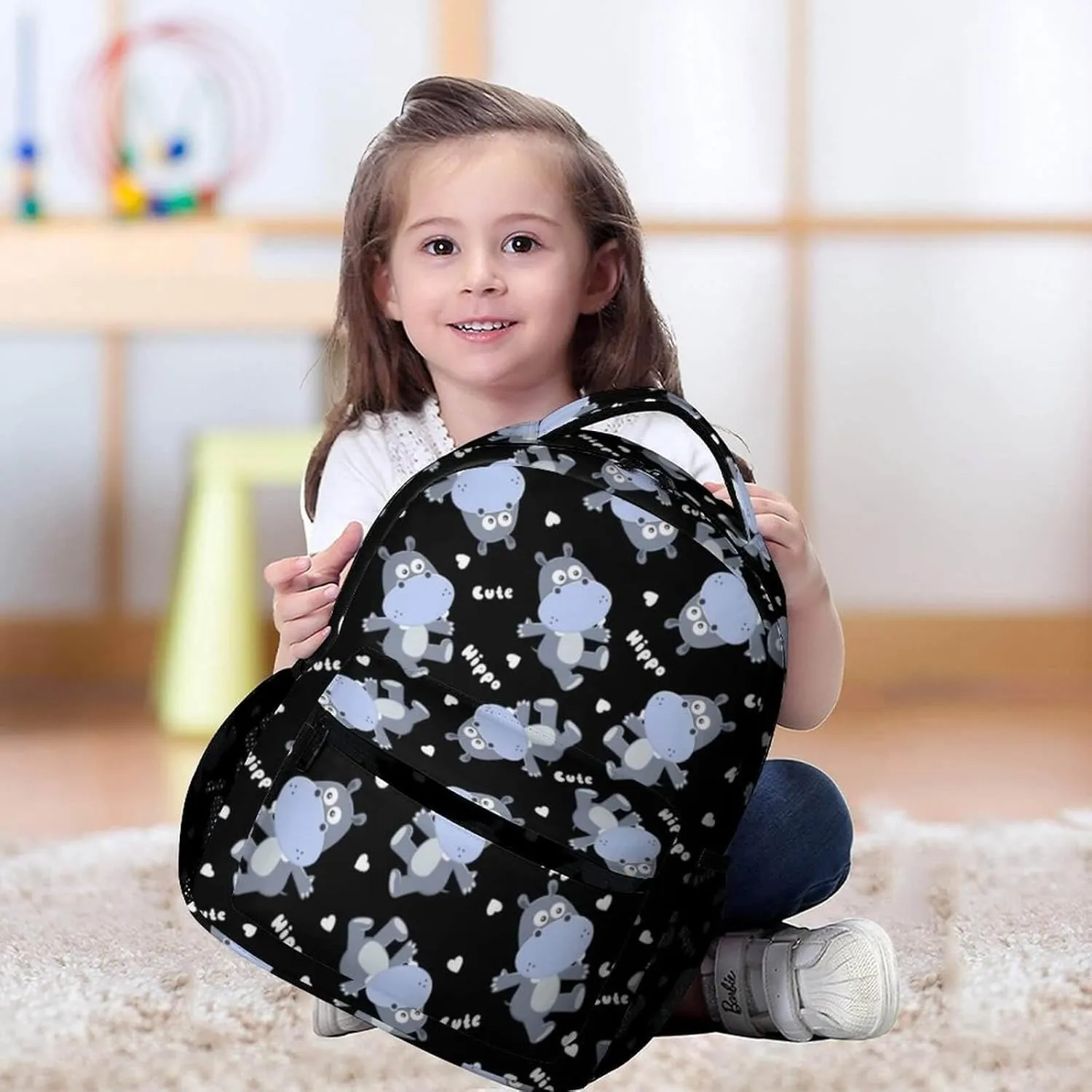 Hippo School Backpack for Kids Girls Boys, 16 Inch Cute Hippos Themed Bookbag, Personalized School Backpack for Students Children, Lightweight, Large Capacity