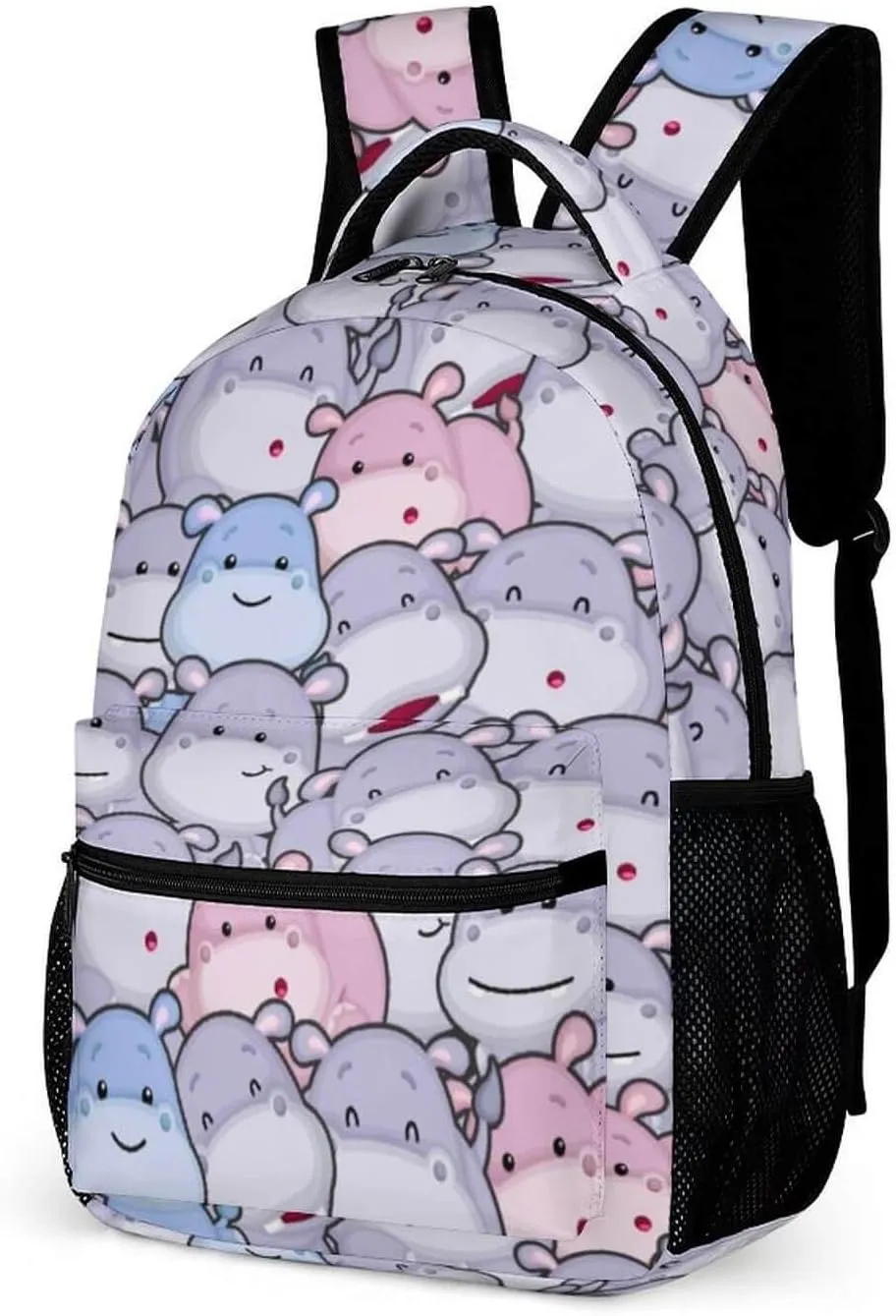 Hippo School Backpack for Kids Girls Boys, 16 Inch Cute Hippos Themed Bookbag, Personalized School Backpack for Students Children, Lightweight, Large Capacity