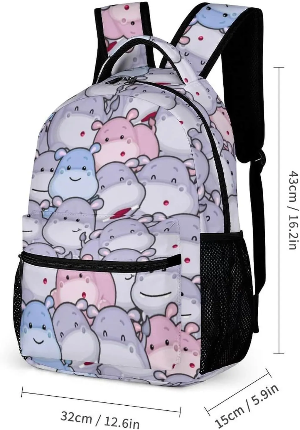 Hippo School Backpack for Kids Girls Boys, 16 Inch Cute Hippos Themed Bookbag, Personalized School Backpack for Students Children, Lightweight, Large Capacity