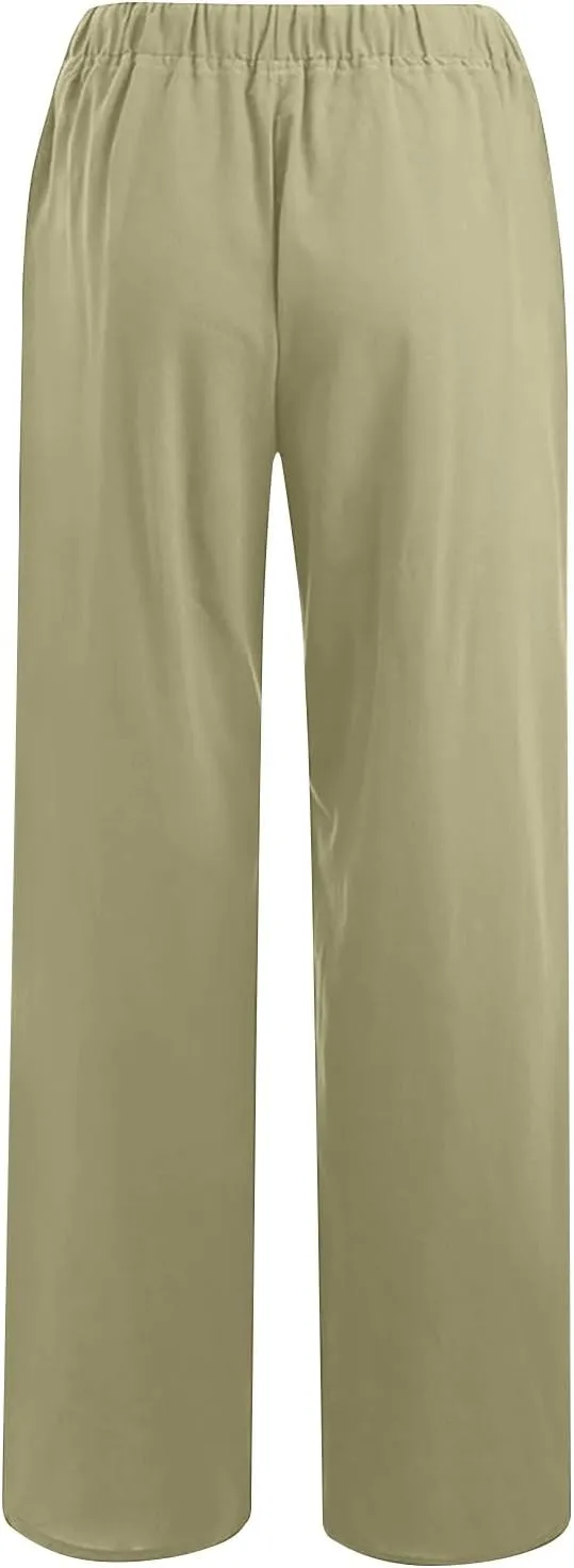 hlysgo Cotton Linen Pants Women High Waist Drawstring Wide Leg Casual Pants 2025 Summer Loose Comfy Beach Pants with Pockets
