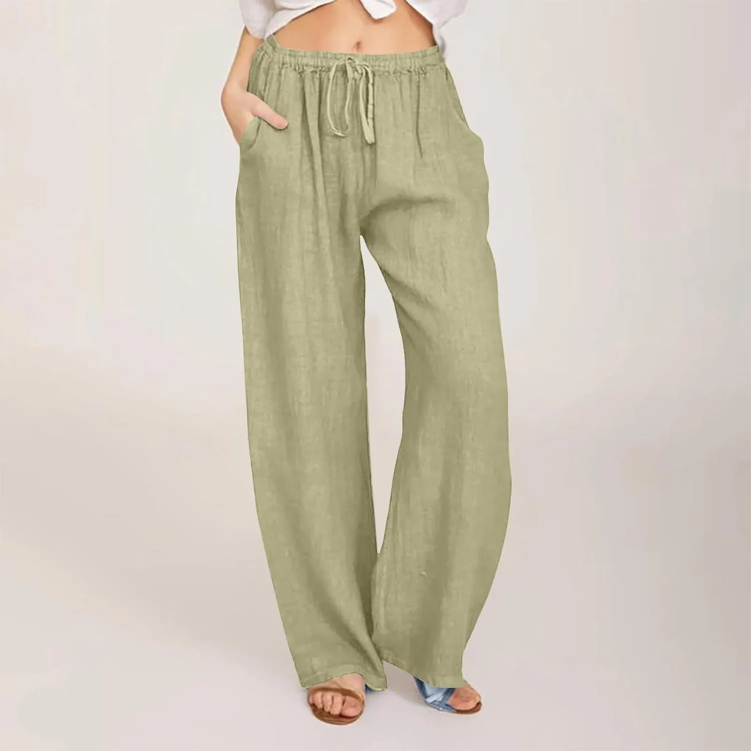 hlysgo Cotton Linen Pants Women High Waist Drawstring Wide Leg Casual Pants 2025 Summer Loose Comfy Beach Pants with Pockets