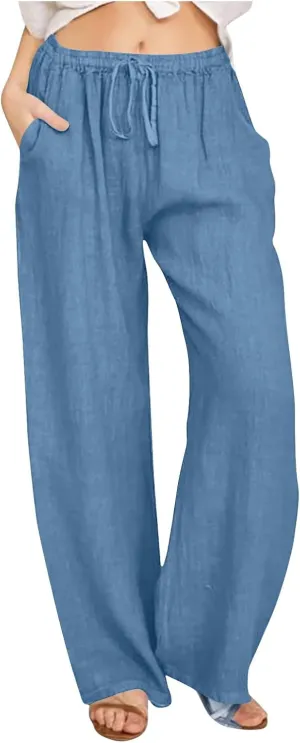 hlysgo Cotton Linen Pants Women High Waist Drawstring Wide Leg Casual Pants 2025 Summer Loose Comfy Beach Pants with Pockets