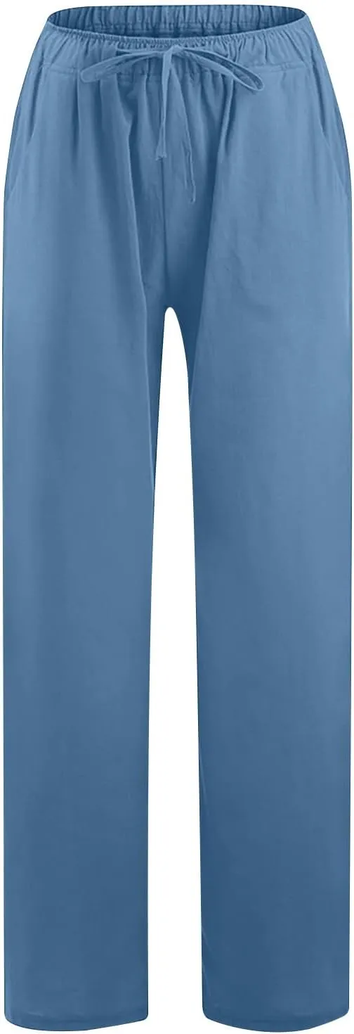 hlysgo Cotton Linen Pants Women High Waist Drawstring Wide Leg Casual Pants 2025 Summer Loose Comfy Beach Pants with Pockets