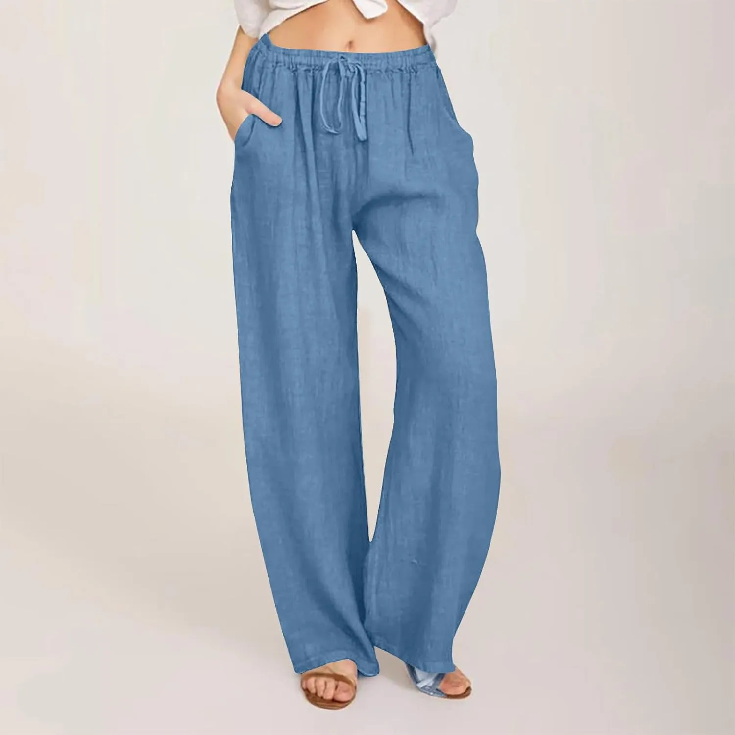 hlysgo Cotton Linen Pants Women High Waist Drawstring Wide Leg Casual Pants 2025 Summer Loose Comfy Beach Pants with Pockets
