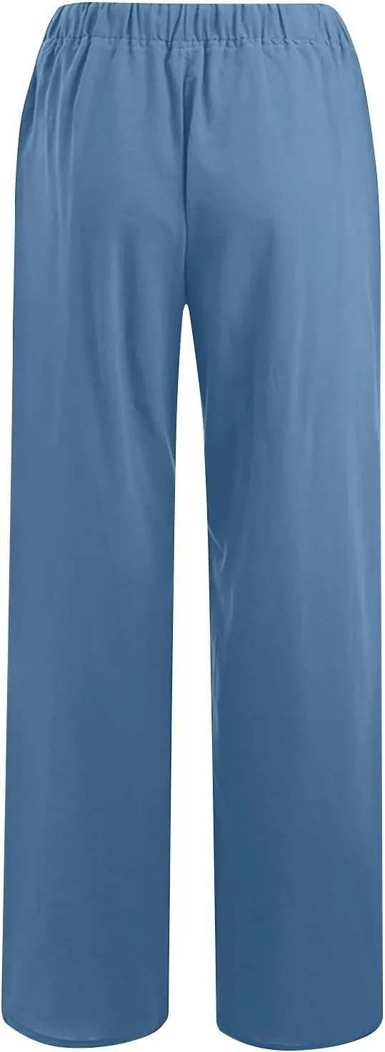 hlysgo Cotton Linen Pants Women High Waist Drawstring Wide Leg Casual Pants 2025 Summer Loose Comfy Beach Pants with Pockets