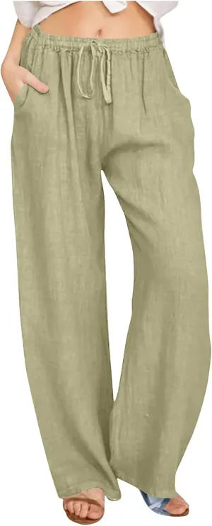 hlysgo Cotton Linen Pants Women High Waist Drawstring Wide Leg Casual Pants 2025 Summer Loose Comfy Beach Pants with Pockets