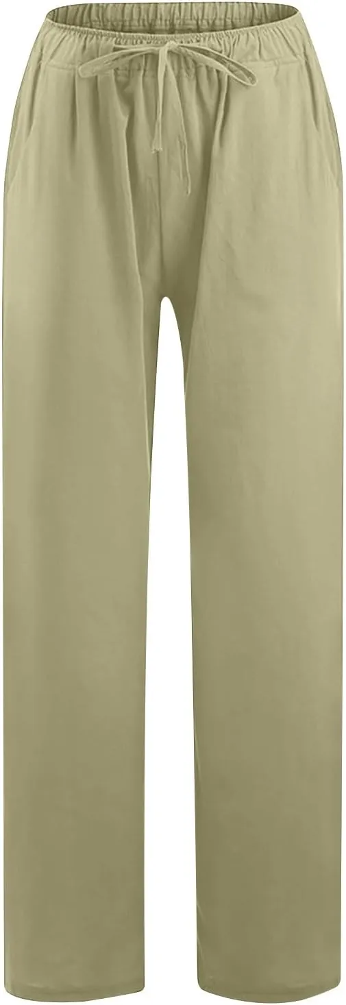 hlysgo Cotton Linen Pants Women High Waist Drawstring Wide Leg Casual Pants 2025 Summer Loose Comfy Beach Pants with Pockets