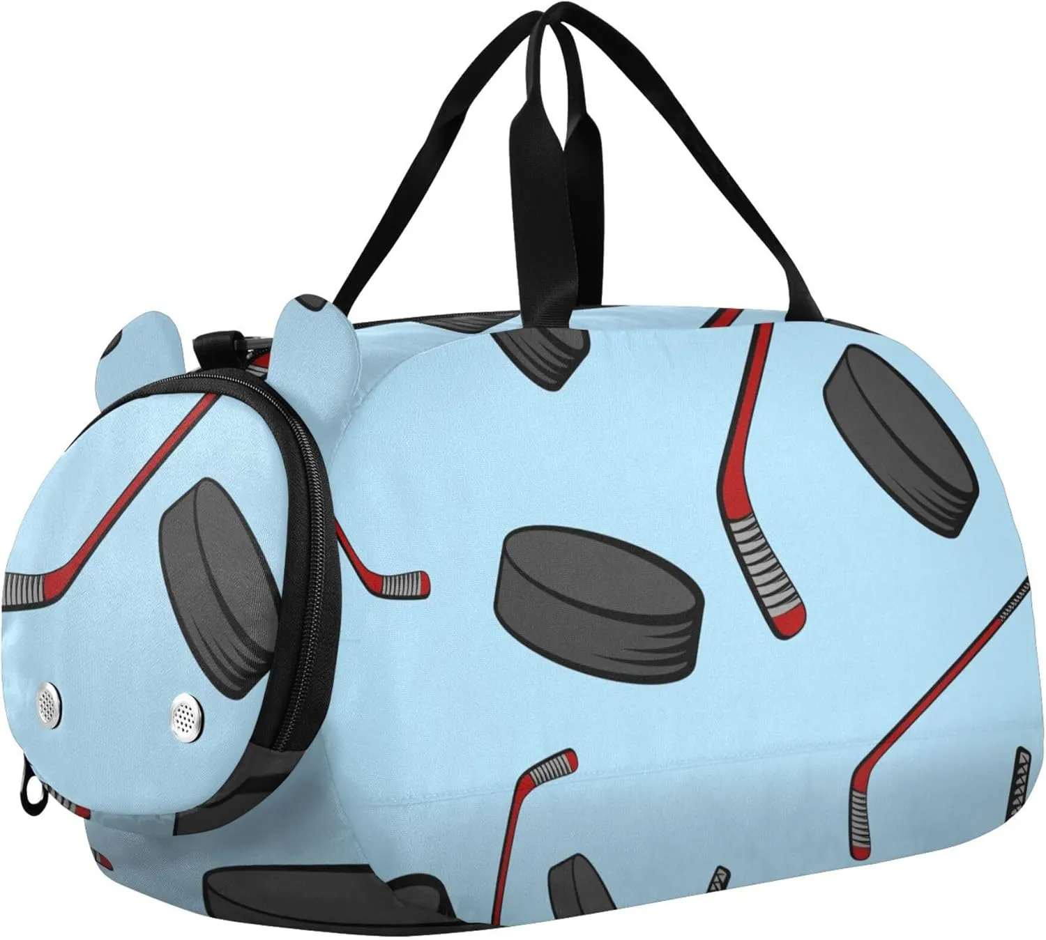 Hockey with Sticks and Pucks Sports Duffle Bag for Girls Boys, Gym Bag with Shoe Compartment, Kids Travel Overnight Weekender Shoulder Bag