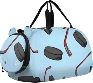 Hockey with Sticks and Pucks Sports Duffle Bag for Girls Boys, Gym Bag with Shoe Compartment, Kids Travel Overnight Weekender Shoulder Bag