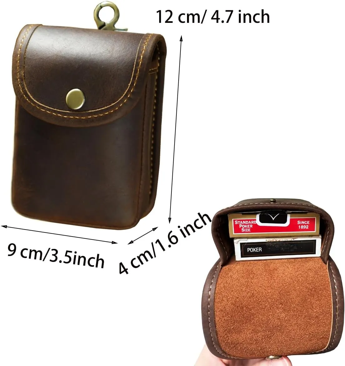 Holster Pouch, Leather Double Deck Playing Card Case Fits Poker and Bridge Size Cards, Durable Leather EDC Waist Bag for Coins, Car Keys, Headphones