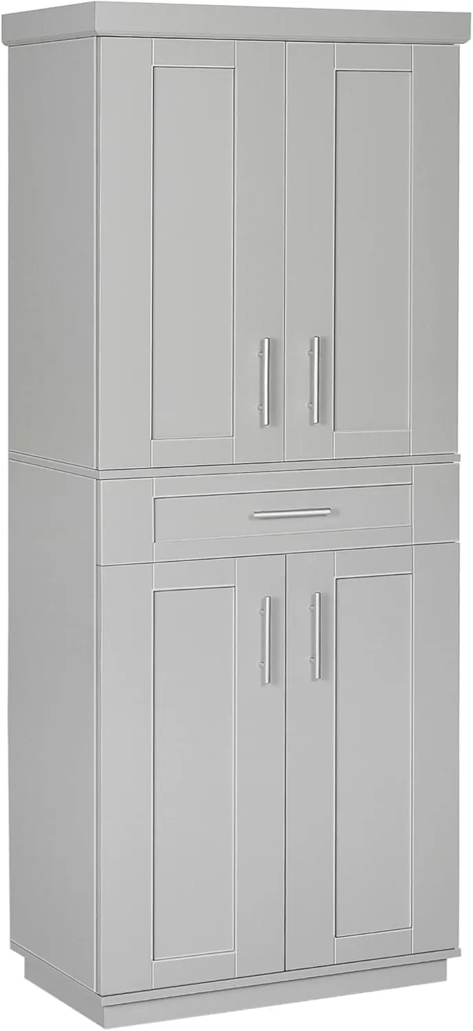 HOMCOM 72" Kitchen Pantry Cabinet, Freestanding Tall Storage Cabinet with 4 Doors, Drawer and 3 Adjustable Shelves for Dining Room, Gray