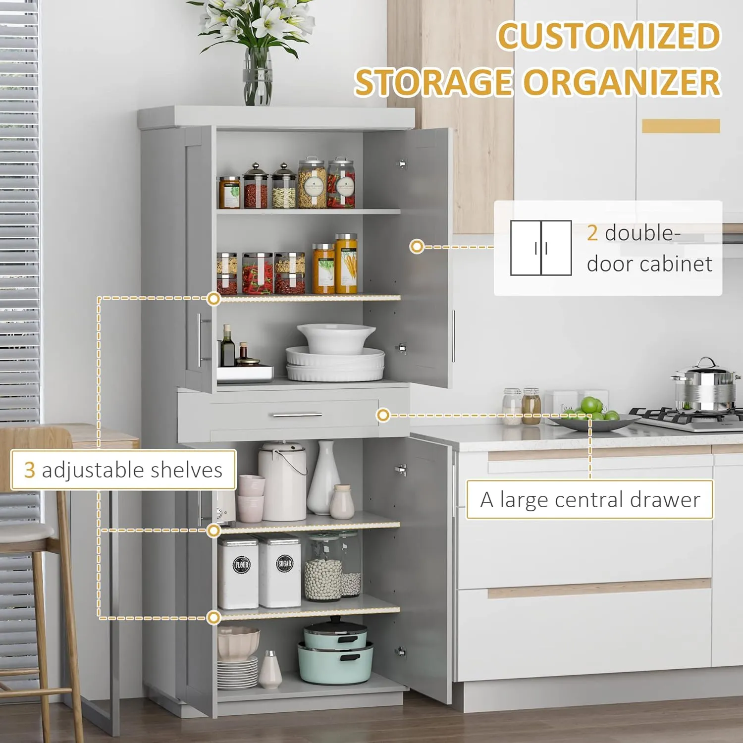 HOMCOM 72" Kitchen Pantry Cabinet, Freestanding Tall Storage Cabinet with 4 Doors, Drawer and 3 Adjustable Shelves for Dining Room, Gray