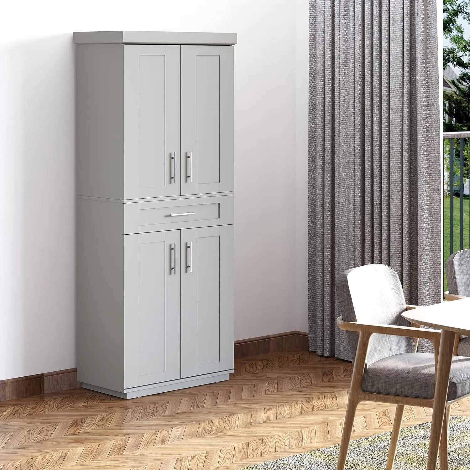 HOMCOM 72" Kitchen Pantry Cabinet, Freestanding Tall Storage Cabinet with 4 Doors, Drawer and 3 Adjustable Shelves for Dining Room, Gray