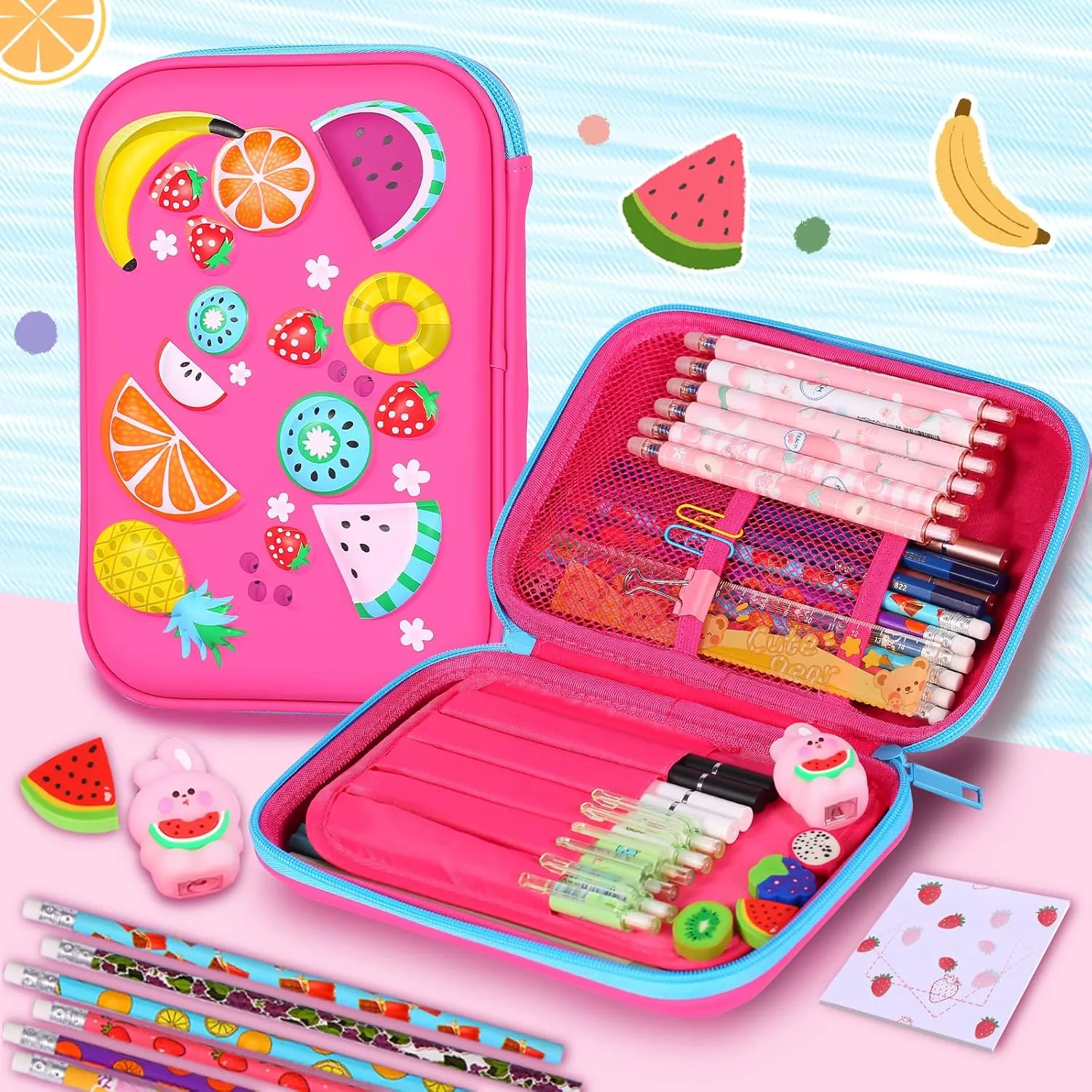homicozy Pencil Case for Girls,Cute Fruit Stationary Set for Kids,3D EVA School Large Capacity Pencil Pen Box with Compartment,School Supplies for Girls,Back to School Gifts for Kids,Rose Red